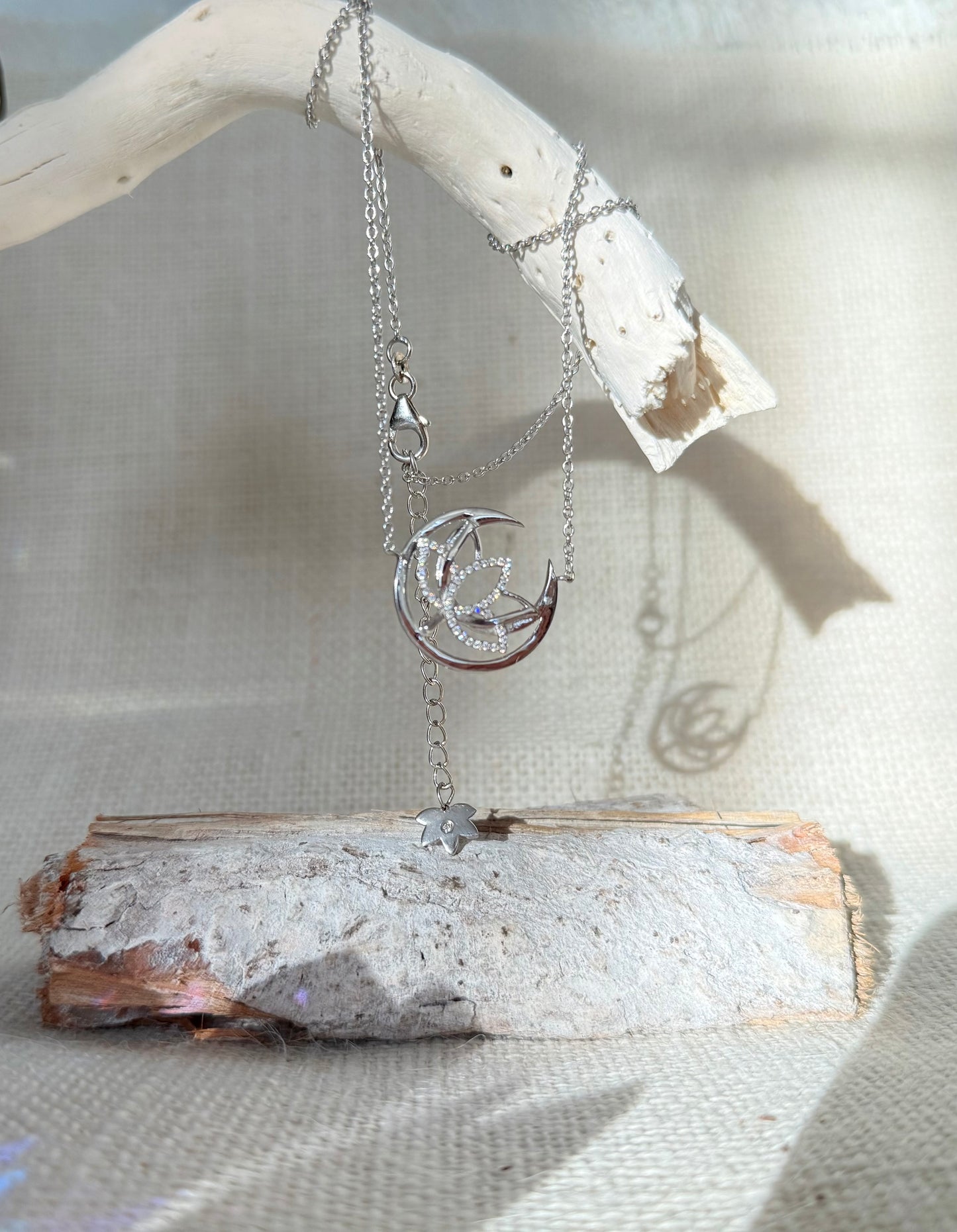 Crescent Moon&Lotus Necklace -Silver