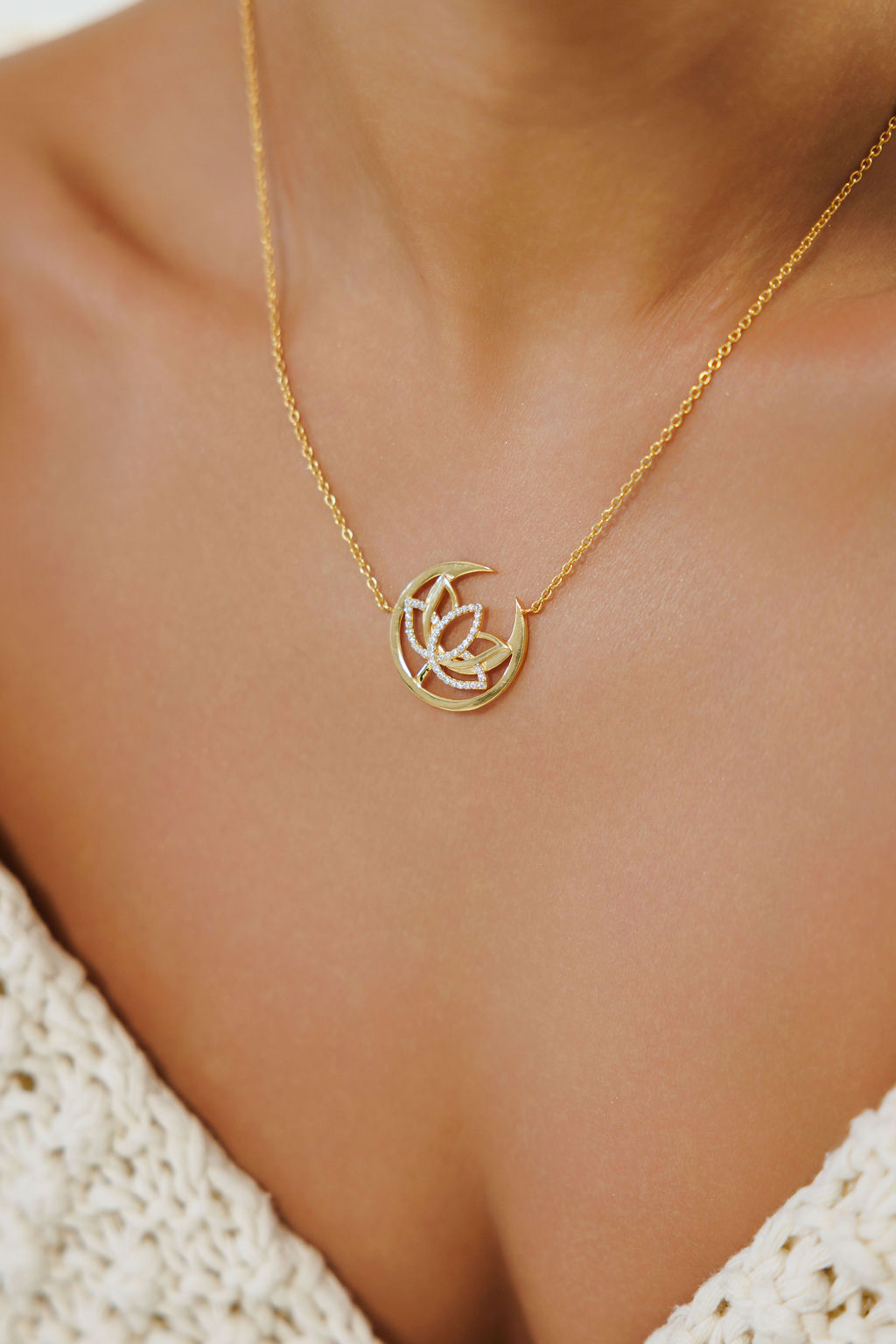 Crescent Moon & Lotus Necklace -Gold