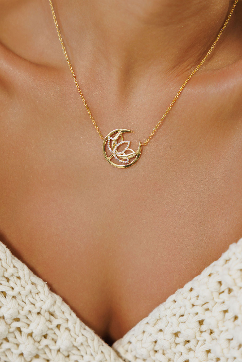 Crescent Moon & Lotus Necklace -Gold