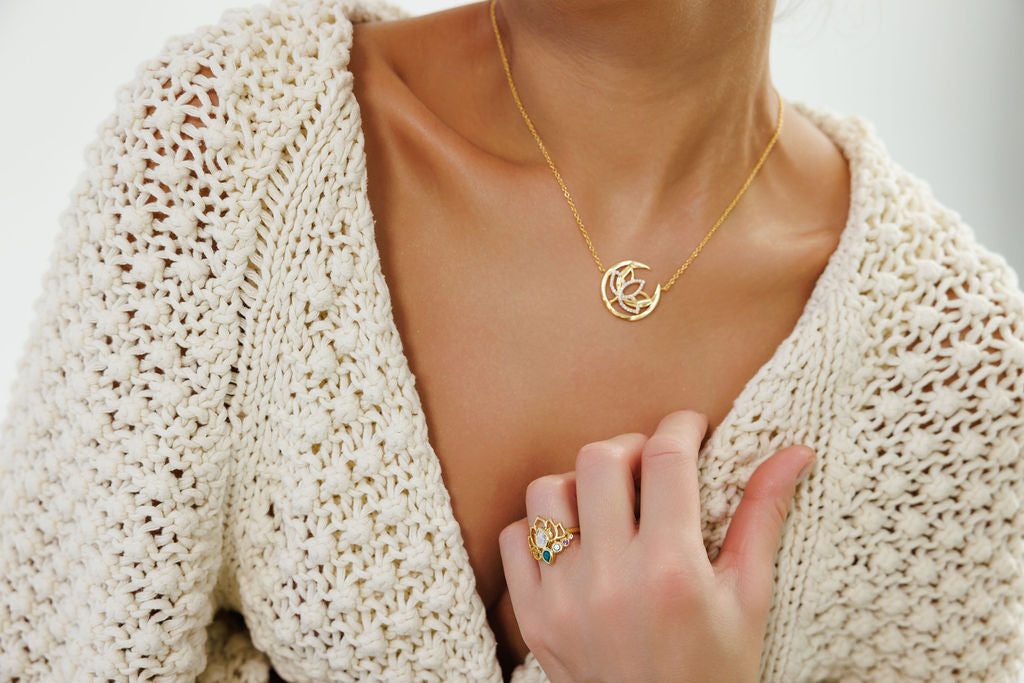 Crescent Moon & Lotus Necklace -Gold
