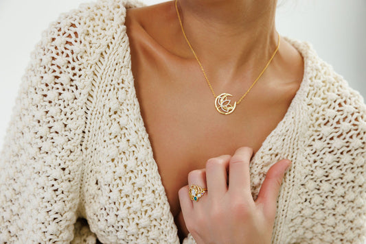 Crescent Moon & Lotus Necklace -Gold