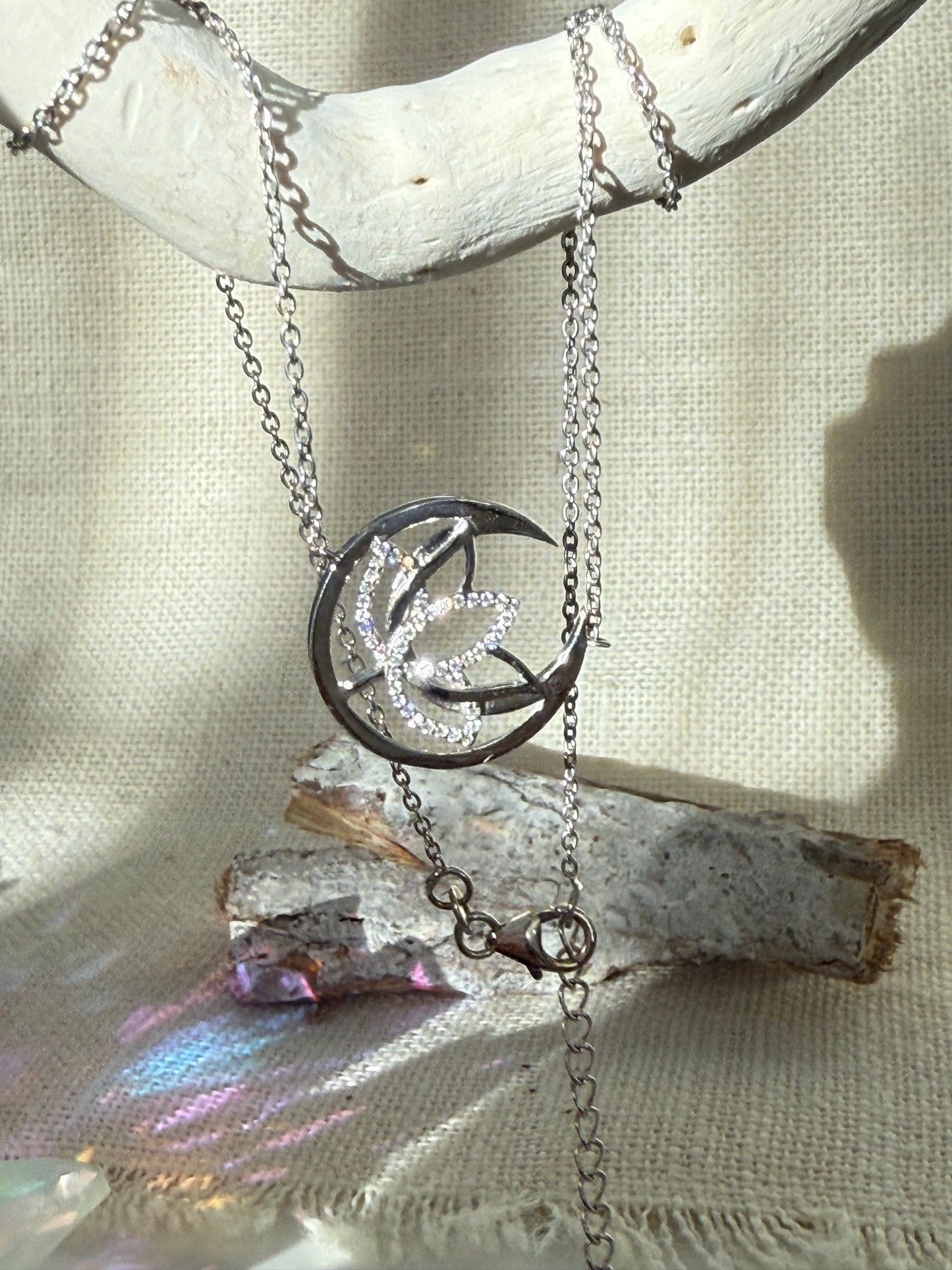 Crescent Moon&Lotus Necklace -Silver