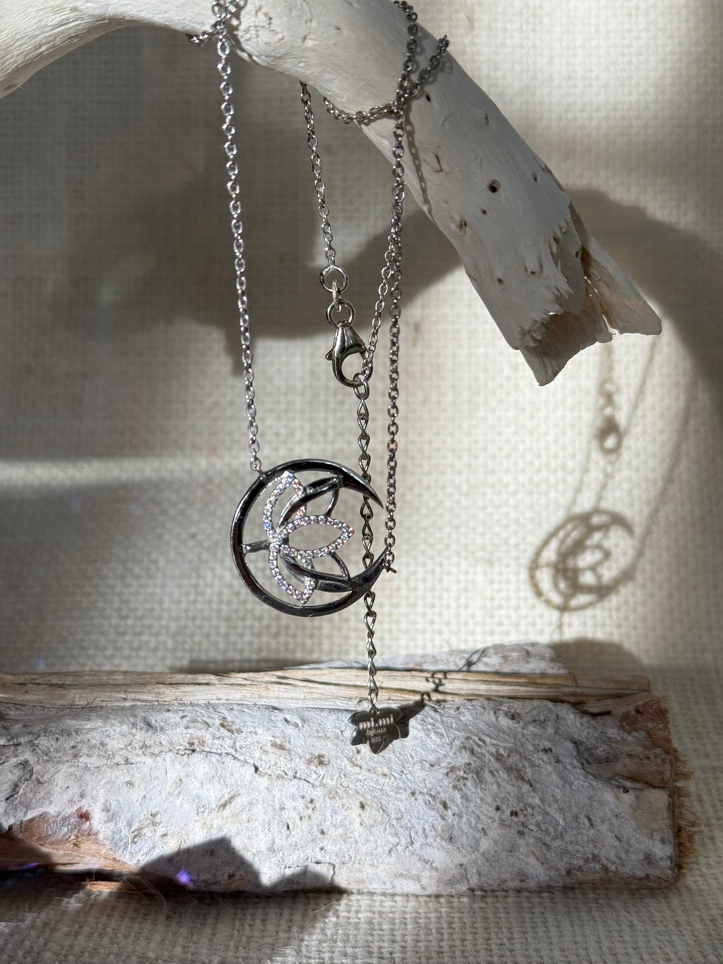 Crescent Moon&Lotus Necklace -Silver