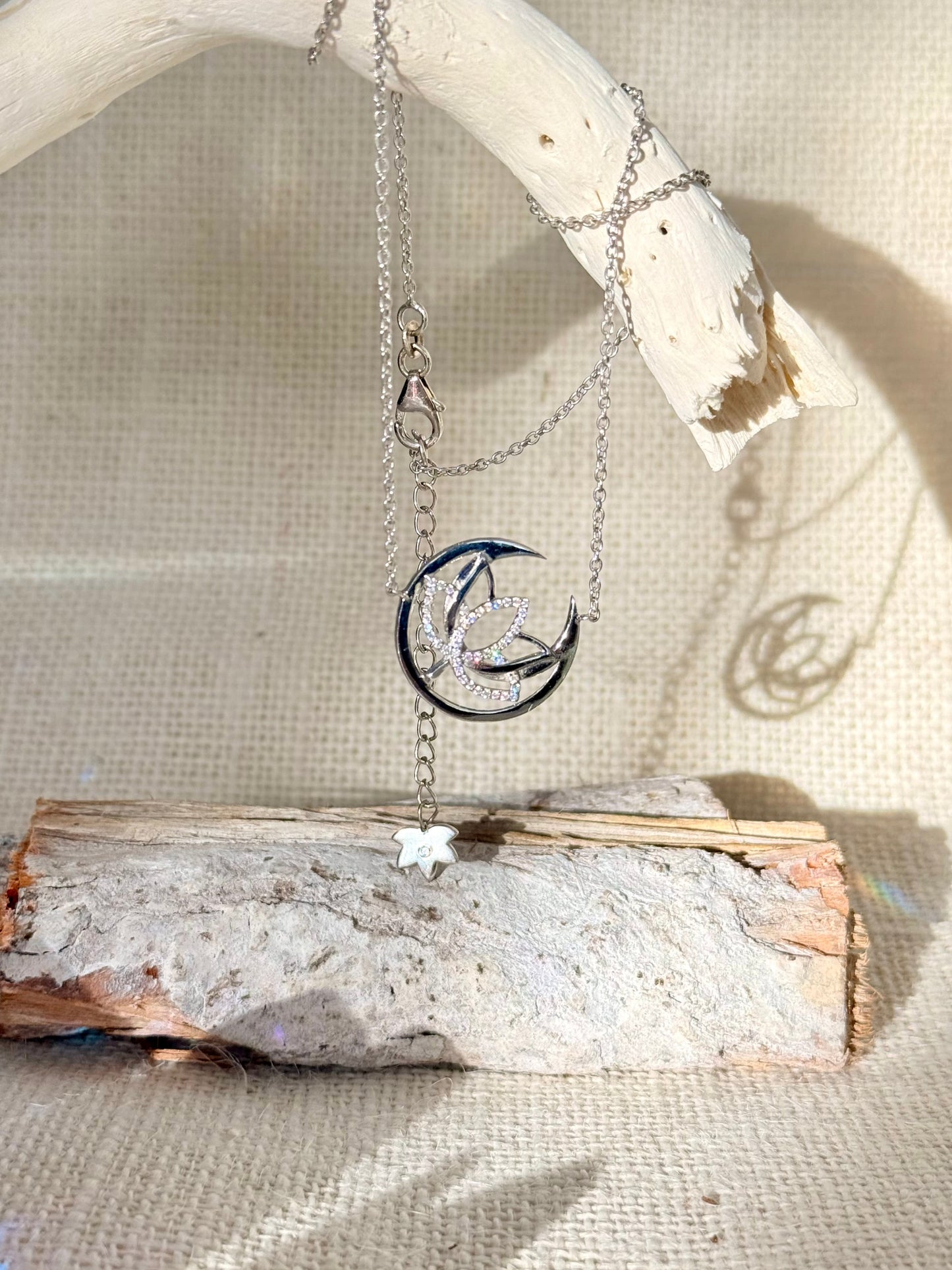 Crescent Moon&Lotus Necklace -Silver
