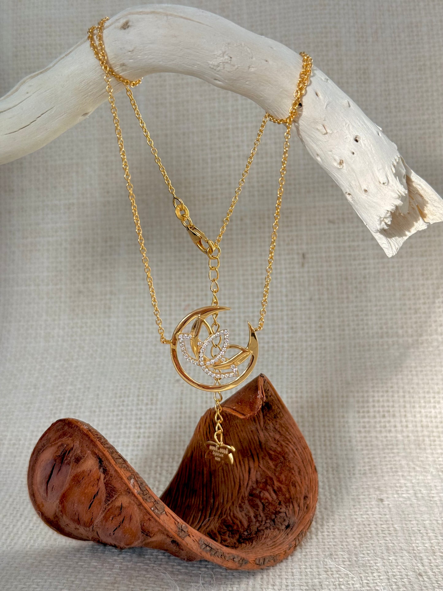 Crescent Moon & Lotus Necklace -Gold