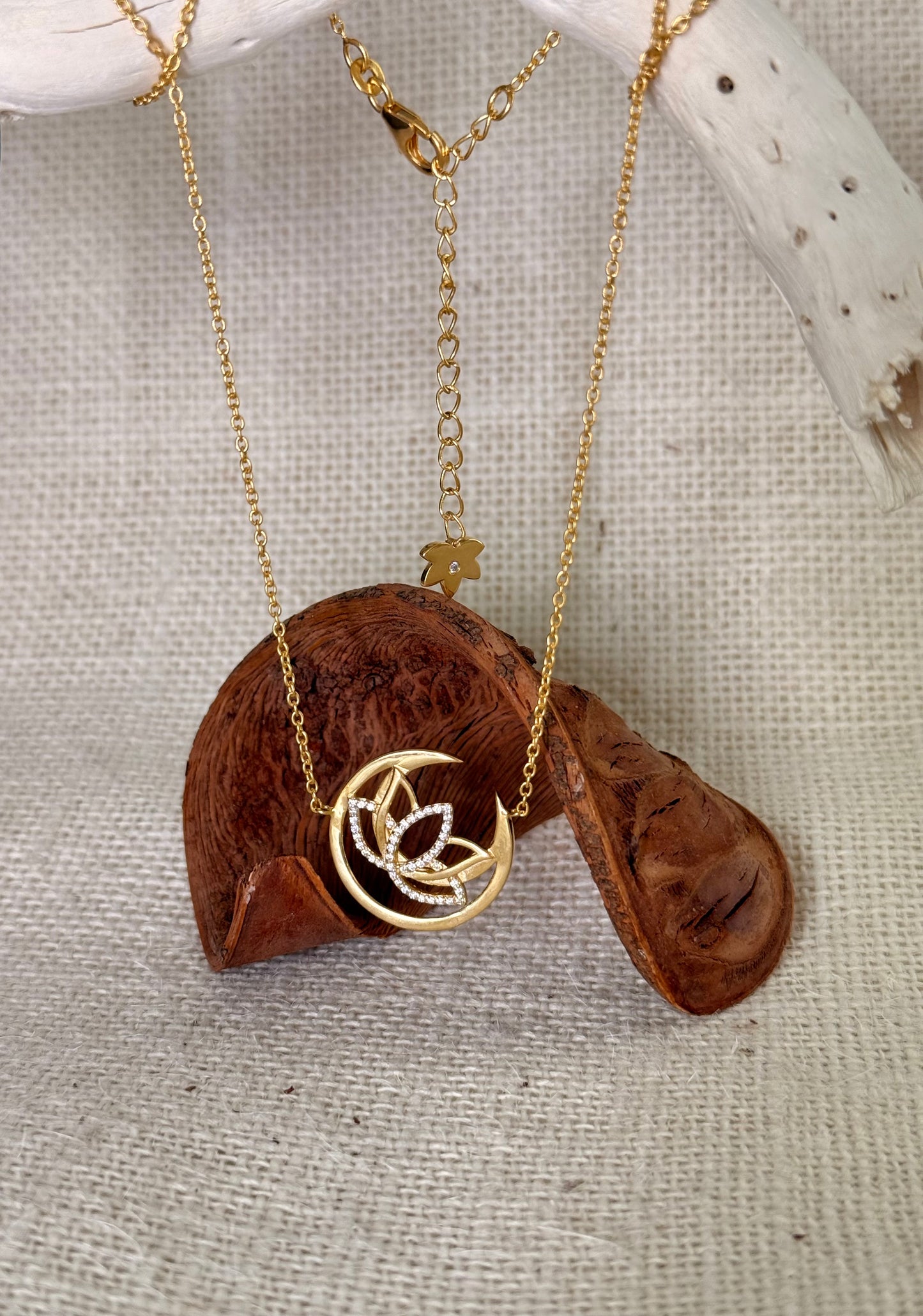 Crescent Moon & Lotus Necklace -Gold