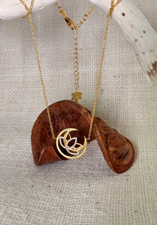 Crescent Moon & Lotus Necklace -Gold
